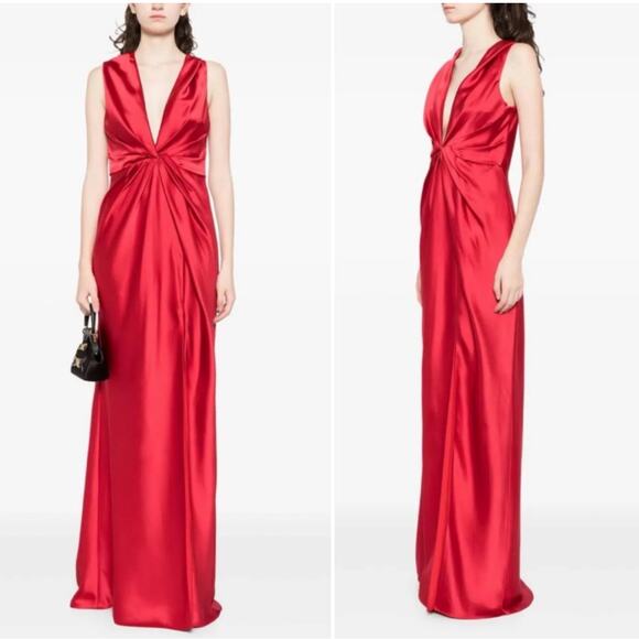 Amsale Fluid satin plunge V-neck twisted front dress in Lipstick Red Sz 10 NWOT - Picture 13 of 14